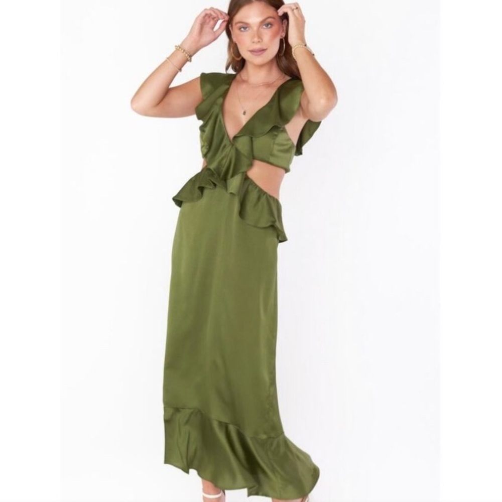 show me your mumu zoey midi dress olive green luxe satin medium